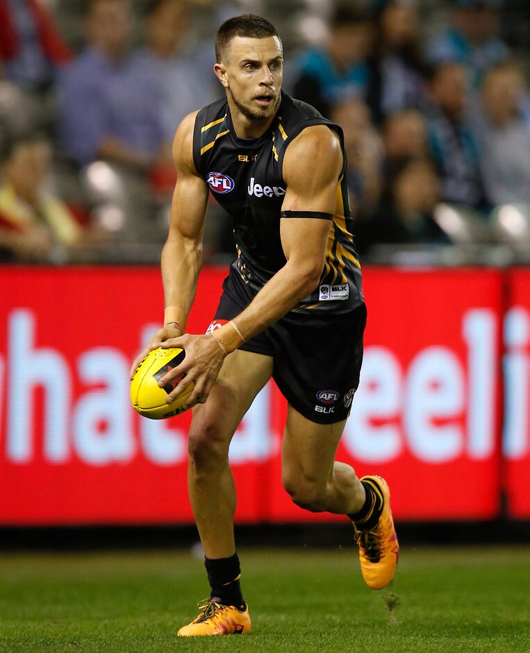 AFL 2016 NAB Challenge - Richmond v Port Adelaide MELBOURNE, AUSTRALIA - MARCH 10: Brett Deledio of the Tigers in action during the 2016 NAB Challenge match between the Richmond Tigers and Port Adelaide Power at Etihad Stadium, Melbourne on March 10, 2016. (Photo by Michael Willson/AFL Media)